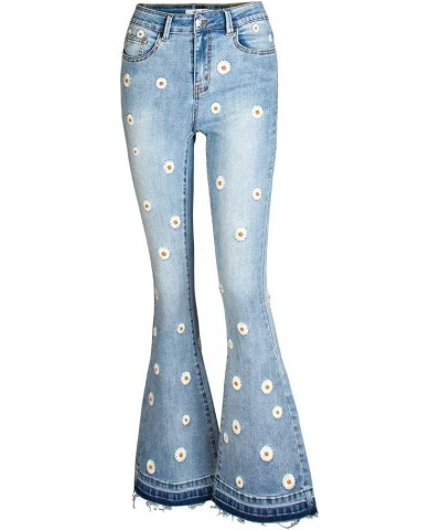 Women's Patchwork Jeans Mid Rise Floral Embroidered Shaping Skinny Jeans Flare-light Blue 4 $19.37 Jeans