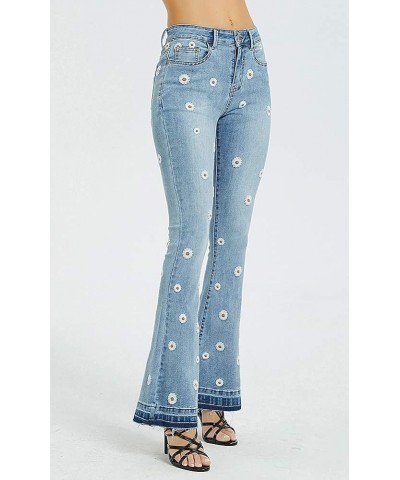 Women's Patchwork Jeans Mid Rise Floral Embroidered Shaping Skinny Jeans Flare-light Blue 4 $19.37 Jeans