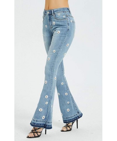 Women's Patchwork Jeans Mid Rise Floral Embroidered Shaping Skinny Jeans Flare-light Blue 4 $19.37 Jeans