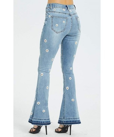 Women's Patchwork Jeans Mid Rise Floral Embroidered Shaping Skinny Jeans Flare-light Blue 4 $19.37 Jeans