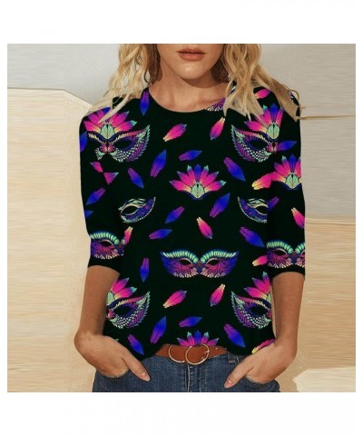 Mardi Gras Outfit for Women 3/4 Sleeve T-Shirt Casual Crew Neck Tshirt Carnival Shirts Print Holiday Printed Tops Black $3.50...