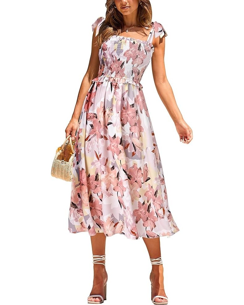 Women Summer Dresses 2024 Tie Strap Square Neck Smocked Ruffle Flowy Floral Print Boho Maxi Cocktail Dress Floral Pink $23.31...