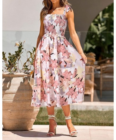 Women Summer Dresses 2024 Tie Strap Square Neck Smocked Ruffle Flowy Floral Print Boho Maxi Cocktail Dress Floral Pink $23.31...