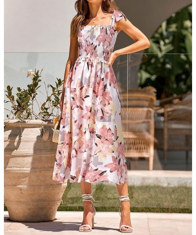 Women Summer Dresses 2024 Tie Strap Square Neck Smocked Ruffle Flowy Floral Print Boho Maxi Cocktail Dress Floral Pink $23.31...