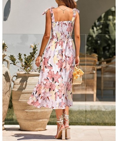 Women Summer Dresses 2024 Tie Strap Square Neck Smocked Ruffle Flowy Floral Print Boho Maxi Cocktail Dress Floral Pink $23.31...