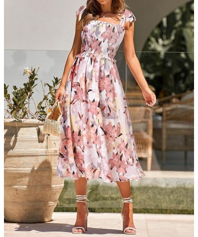 Women Summer Dresses 2024 Tie Strap Square Neck Smocked Ruffle Flowy Floral Print Boho Maxi Cocktail Dress Floral Pink $23.31...