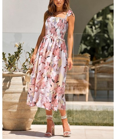 Women Summer Dresses 2024 Tie Strap Square Neck Smocked Ruffle Flowy Floral Print Boho Maxi Cocktail Dress Floral Pink $23.31...