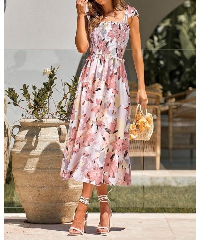 Women Summer Dresses 2024 Tie Strap Square Neck Smocked Ruffle Flowy Floral Print Boho Maxi Cocktail Dress Floral Pink $23.31...