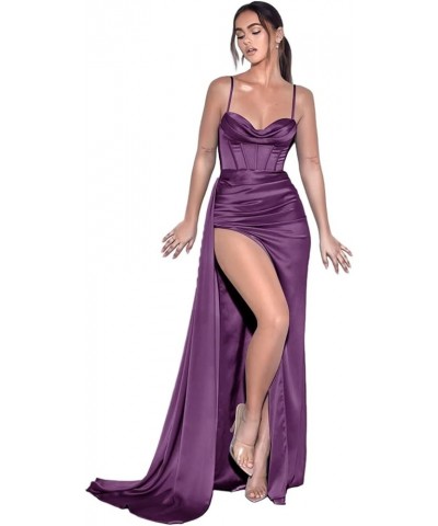 Satin Mermaid Prom Dresses for Women Spaghetti Straps Cowl Neck Pleated Long Formal Evening Gowns Grape $22.00 Dresses