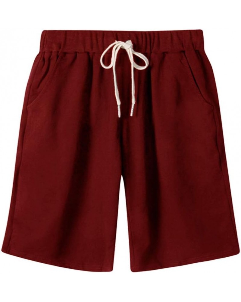 Women's Knee-Length Bermuda Casual Shorts with Elastic Waist Drawstring A Wine Red $18.22 Shorts