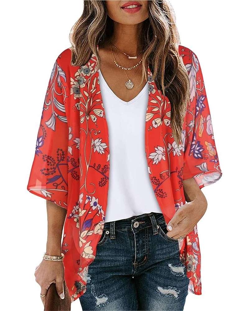 Women's Floral Print Puff Sleeve Kimono Cardigan Loose Cover Up Casual Blouse Tops Boho Red $12.46 Swimsuits