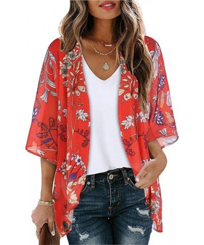 Women's Floral Print Puff Sleeve Kimono Cardigan Loose Cover Up Casual Blouse Tops Boho Red $12.46 Swimsuits