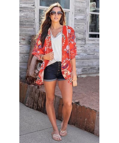 Women's Floral Print Puff Sleeve Kimono Cardigan Loose Cover Up Casual Blouse Tops Boho Red $12.46 Swimsuits