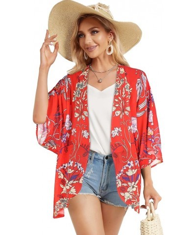 Women's Floral Print Puff Sleeve Kimono Cardigan Loose Cover Up Casual Blouse Tops Boho Red $12.46 Swimsuits