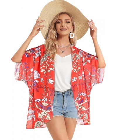 Women's Floral Print Puff Sleeve Kimono Cardigan Loose Cover Up Casual Blouse Tops Boho Red $12.46 Swimsuits