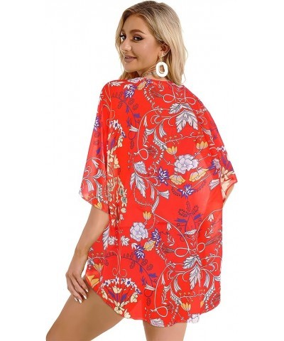 Women's Floral Print Puff Sleeve Kimono Cardigan Loose Cover Up Casual Blouse Tops Boho Red $12.46 Swimsuits