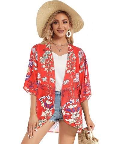 Women's Floral Print Puff Sleeve Kimono Cardigan Loose Cover Up Casual Blouse Tops Boho Red $12.46 Swimsuits