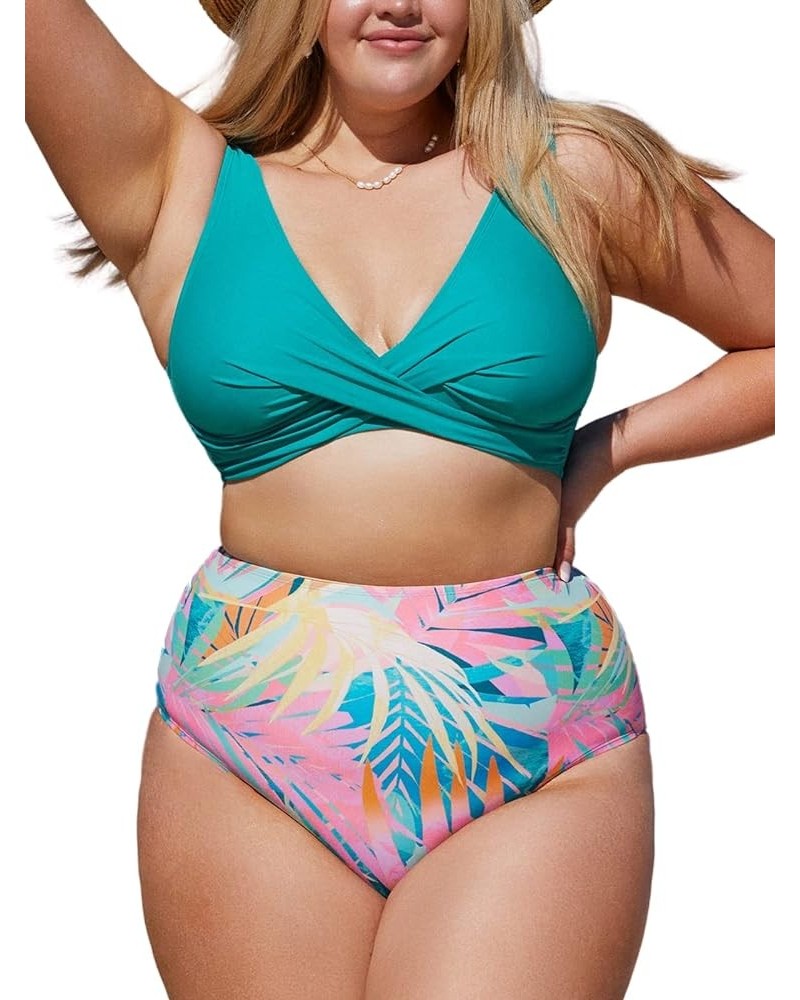 Women Plus Size Swimsuit Two Piece Bathing Suit V Neck Lace-up High Waisted Bikini Teal and Floral $25.36 Swimsuits