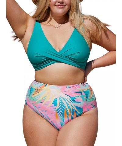 Women Plus Size Swimsuit Two Piece Bathing Suit V Neck Lace-up High Waisted Bikini Teal and Floral $25.36 Swimsuits