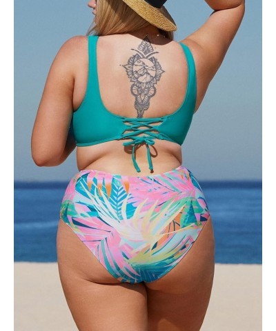 Women Plus Size Swimsuit Two Piece Bathing Suit V Neck Lace-up High Waisted Bikini Teal and Floral $25.36 Swimsuits