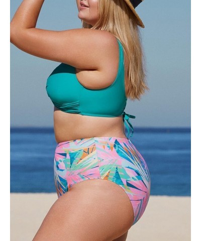 Women Plus Size Swimsuit Two Piece Bathing Suit V Neck Lace-up High Waisted Bikini Teal and Floral $25.36 Swimsuits