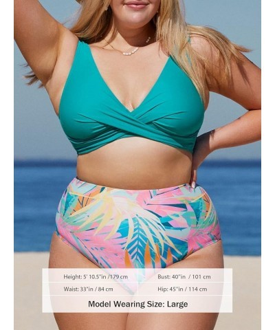 Women Plus Size Swimsuit Two Piece Bathing Suit V Neck Lace-up High Waisted Bikini Teal and Floral $25.36 Swimsuits