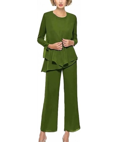 Chiffon 3 Pieces Mother of The Bride Pants Suits for Wedding Long Sleeves Evening Gown with Jacket Outfit Set Olive $27.60 Suits