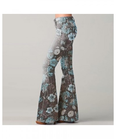 High Waisted Bell Bottom Jeans for Women Retro Floral Zipper Slim Wide Leg Bootcut Denim Pants Pull On Flare Jeans Blue $14.2...