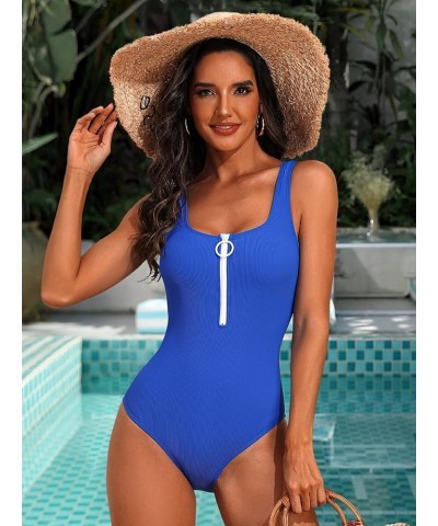 Womens One Piece Swimsuits Zipper Front Swim Suit Ribbed 1 Piece Bathing Suits Round Neck Swimwear Sexy Monokini Blue $19.37 ...