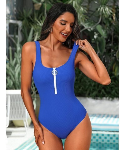 Womens One Piece Swimsuits Zipper Front Swim Suit Ribbed 1 Piece Bathing Suits Round Neck Swimwear Sexy Monokini Blue $19.37 ...