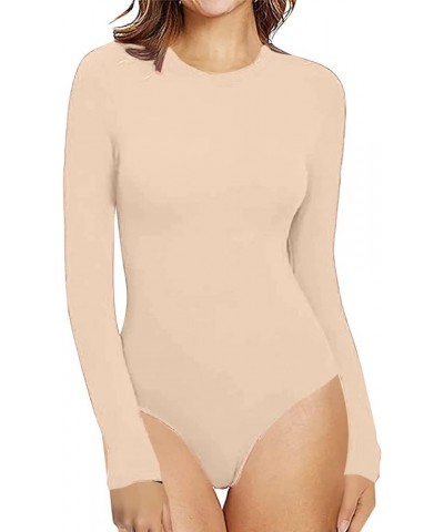 Womens Crew Neck Long Sleeve Bodysuit Comfortable Against The Skin Tops Sexy Body Suits Women Clothing Thermal Beige $6.30 Bo...