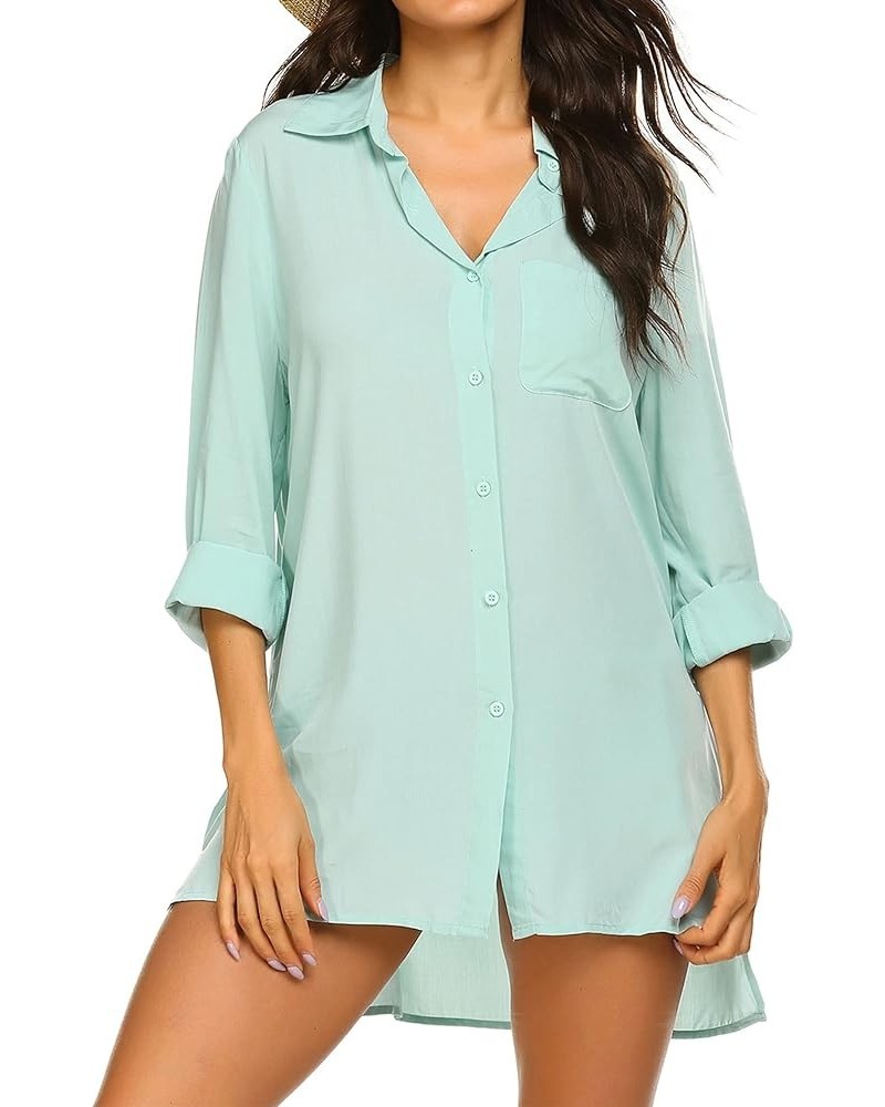 Women's Beach Bikini Cover-up Long Roll-up Sleeve Beach Shirt Bathing Suit Cover Up Aqua Green $16.31 Swimsuits