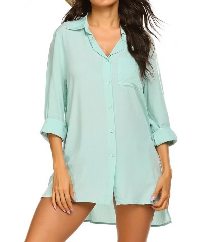 Women's Beach Bikini Cover-up Long Roll-up Sleeve Beach Shirt Bathing Suit Cover Up Aqua Green $16.31 Swimsuits