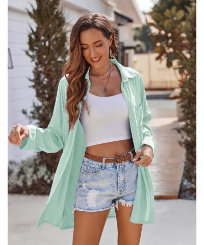 Women's Beach Bikini Cover-up Long Roll-up Sleeve Beach Shirt Bathing Suit Cover Up Aqua Green $16.31 Swimsuits