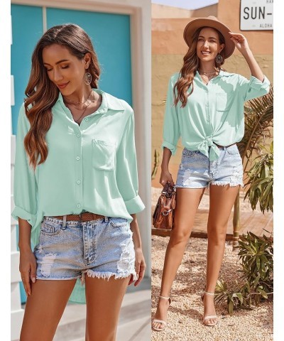 Women's Beach Bikini Cover-up Long Roll-up Sleeve Beach Shirt Bathing Suit Cover Up Aqua Green $16.31 Swimsuits