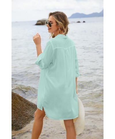 Women's Beach Bikini Cover-up Long Roll-up Sleeve Beach Shirt Bathing Suit Cover Up Aqua Green $16.31 Swimsuits