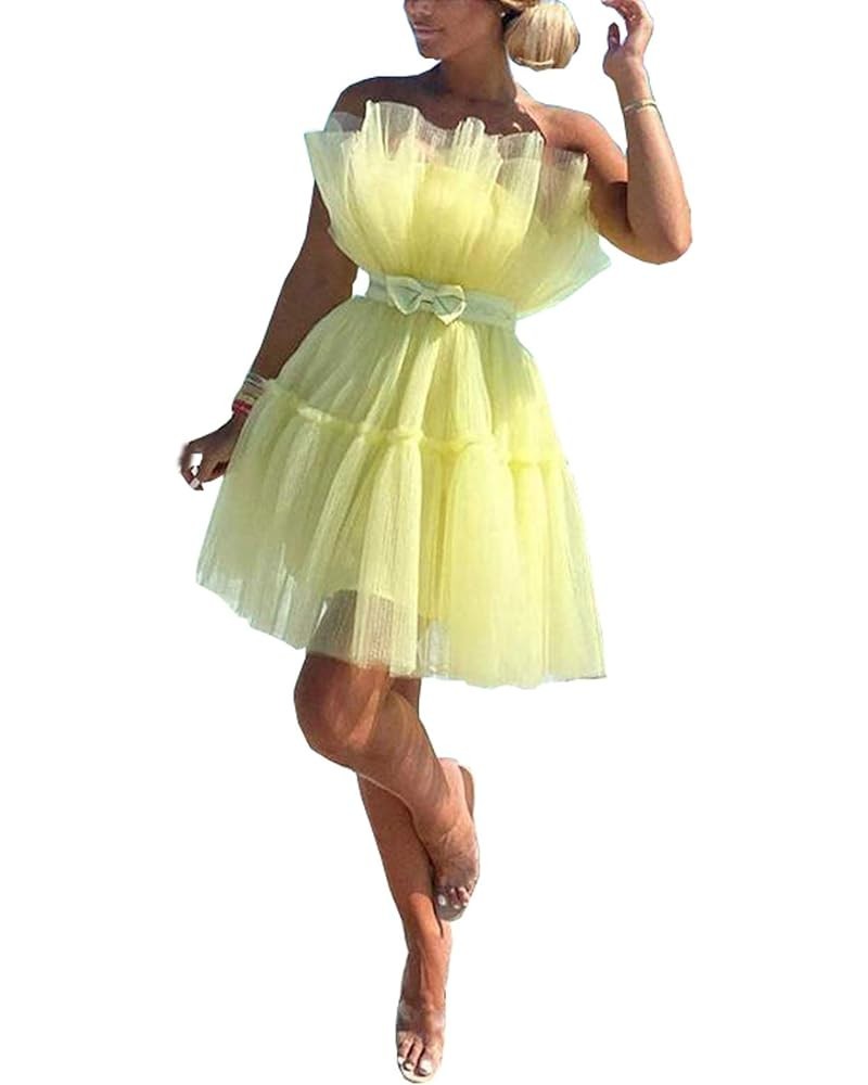 Ruffle Short Prom Dresses Tulle Tutu Mini Homecoming Dress Cocktail Party Formal Gown with Bow for Women Yellow $40.25 Dresses