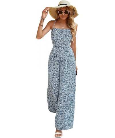 Women's Palm Leaf Print Shirred Back Button Cami Palazzo Jumpsuit Blue White Multi $20.68 Jumpsuits