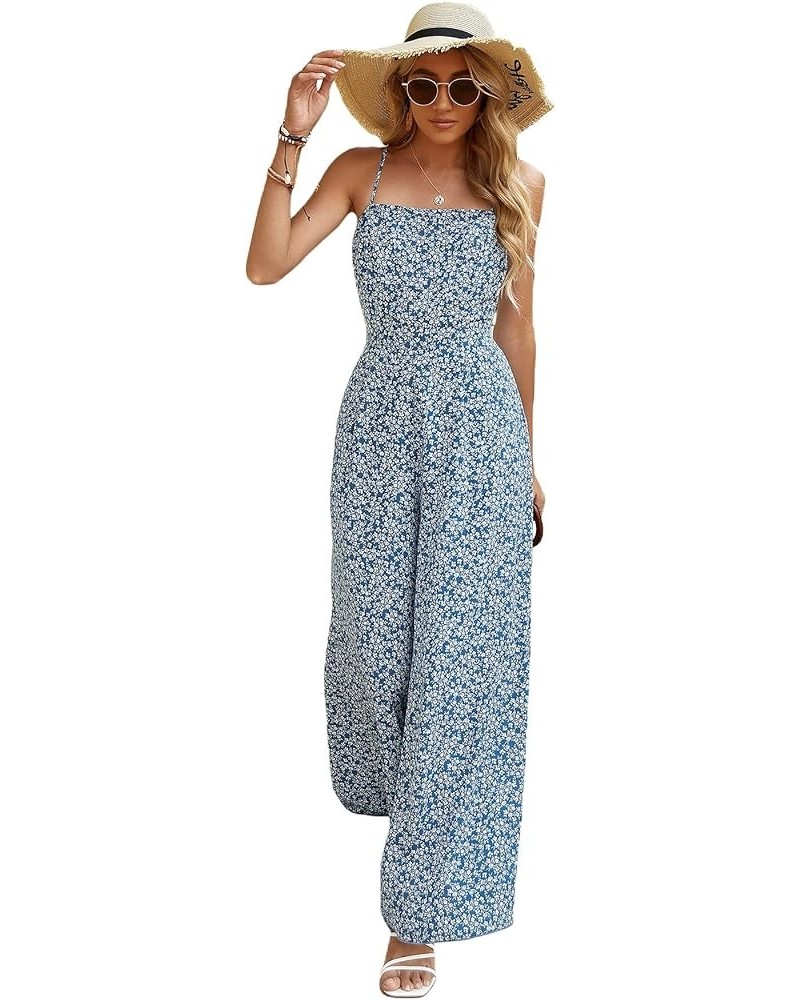 Women's Palm Leaf Print Shirred Back Button Cami Palazzo Jumpsuit Blue White Multi $20.68 Jumpsuits