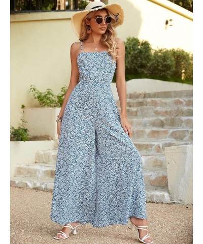 Women's Palm Leaf Print Shirred Back Button Cami Palazzo Jumpsuit Blue White Multi $20.68 Jumpsuits