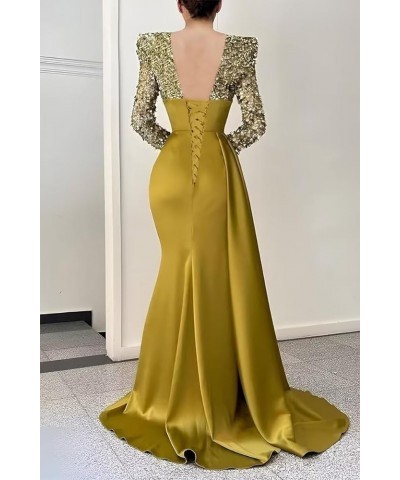 Sequin Mermaid Prom Dresses for Women 2023 Long Sleeve V Neck Satin Formal Evening Party Gowns with Slit Peacock $36.75 Dresses