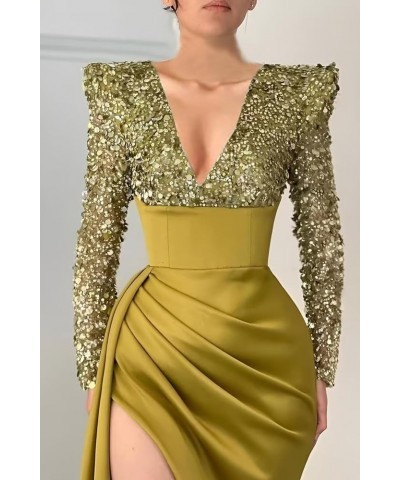 Sequin Mermaid Prom Dresses for Women 2023 Long Sleeve V Neck Satin Formal Evening Party Gowns with Slit Peacock $36.75 Dresses