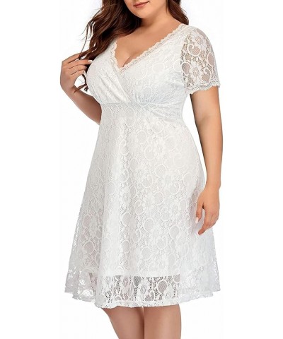 Women Plus Size Lace Wedding Guest Cocktail Formal Wrap V Neck Short Sleeve Knee Length Dresses White $29.11 Dresses