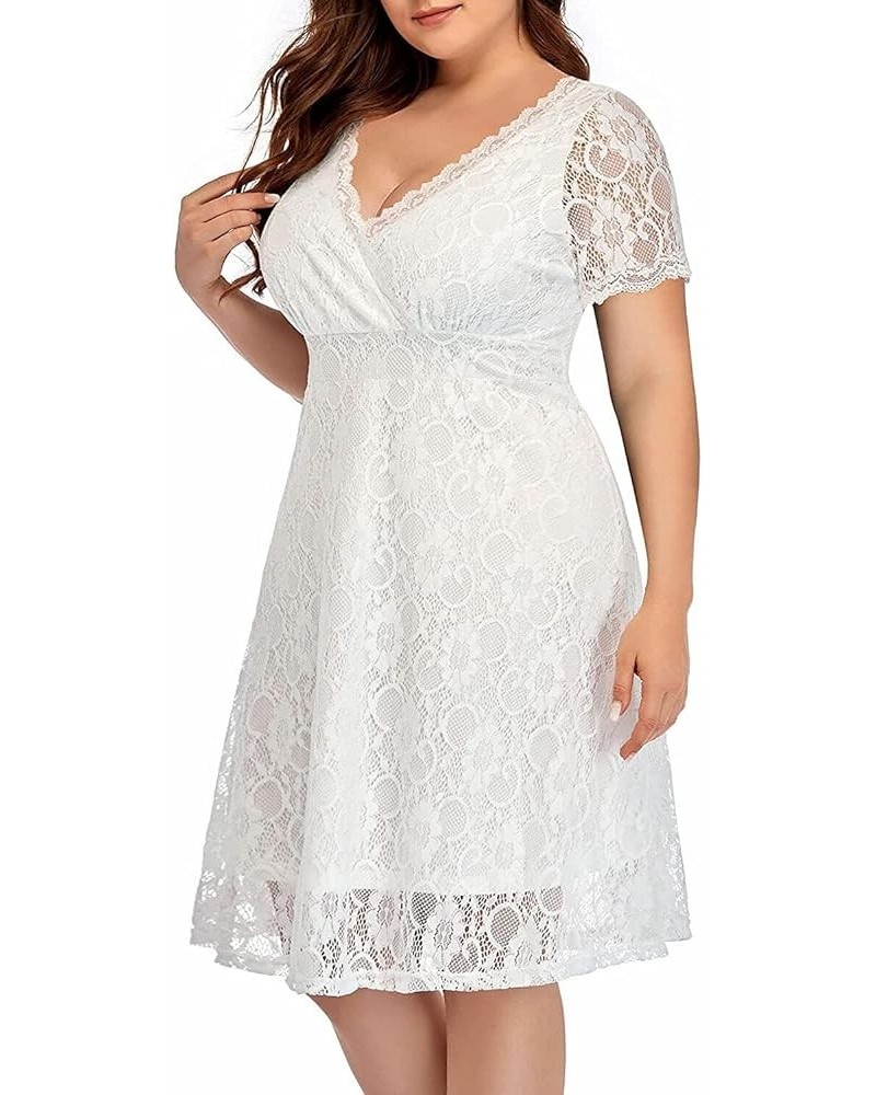 Women Plus Size Lace Wedding Guest Cocktail Formal Wrap V Neck Short Sleeve Knee Length Dresses White $29.11 Dresses