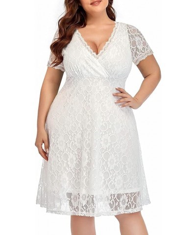 Women Plus Size Lace Wedding Guest Cocktail Formal Wrap V Neck Short Sleeve Knee Length Dresses White $29.11 Dresses