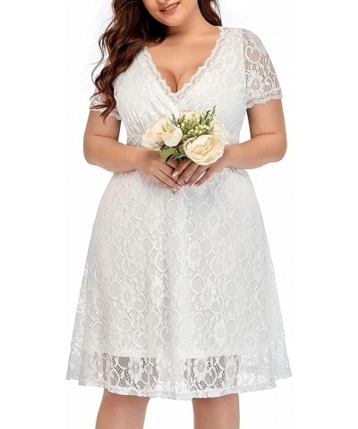 Women Plus Size Lace Wedding Guest Cocktail Formal Wrap V Neck Short Sleeve Knee Length Dresses White $29.11 Dresses