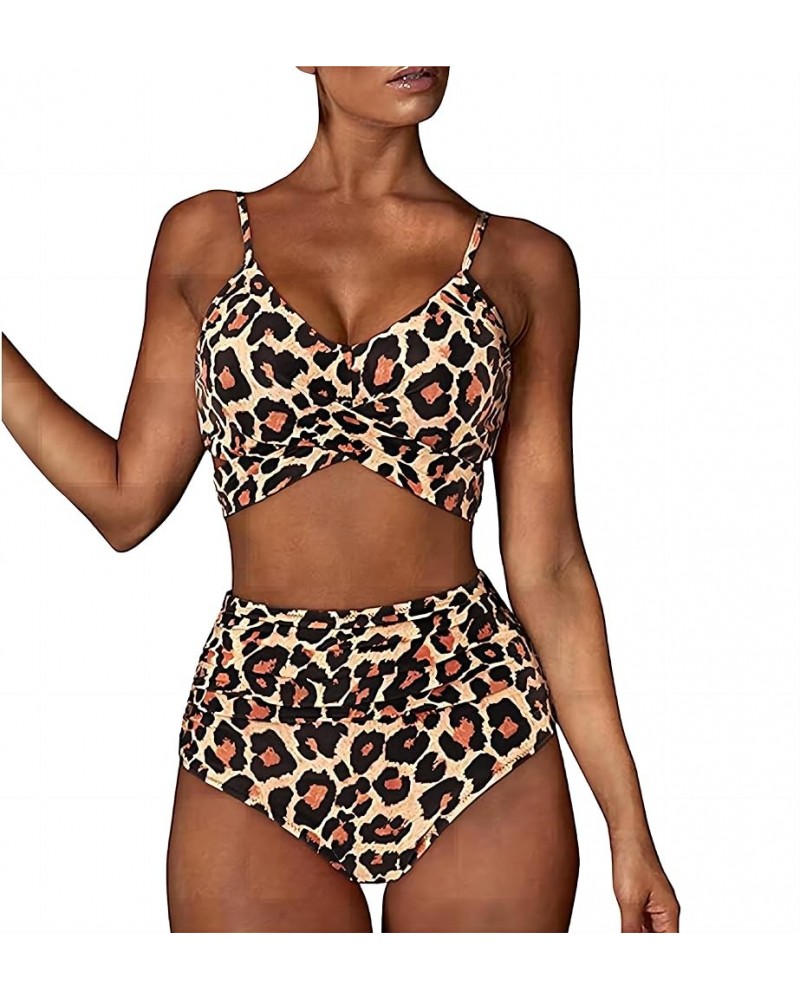 Women's Bikini Two Piece Swimsuit Front Cross Back Lace Up Adjustable Bathing Suit All Leopard Pattern $14.19 Swimsuits