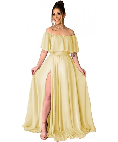 Women's Chiffon Bridesmaid Dresses Long Off Shoulder Formal Dresses with Slit Ruffle A-Line Party Gowns Yellow $43.19 Dresses