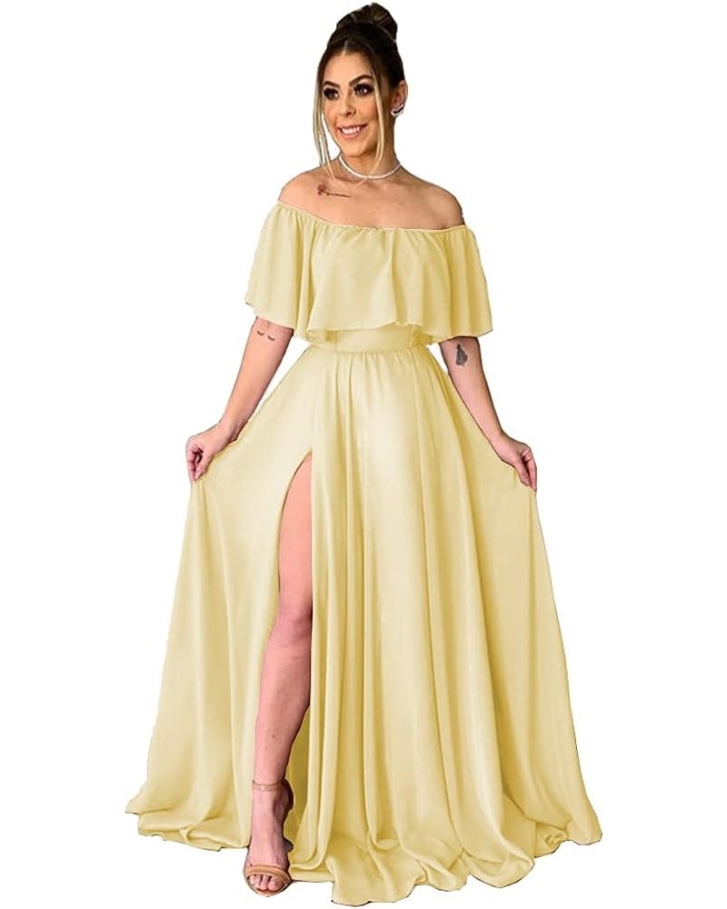 Women's Chiffon Bridesmaid Dresses Long Off Shoulder Formal Dresses with Slit Ruffle A-Line Party Gowns Yellow $43.19 Dresses