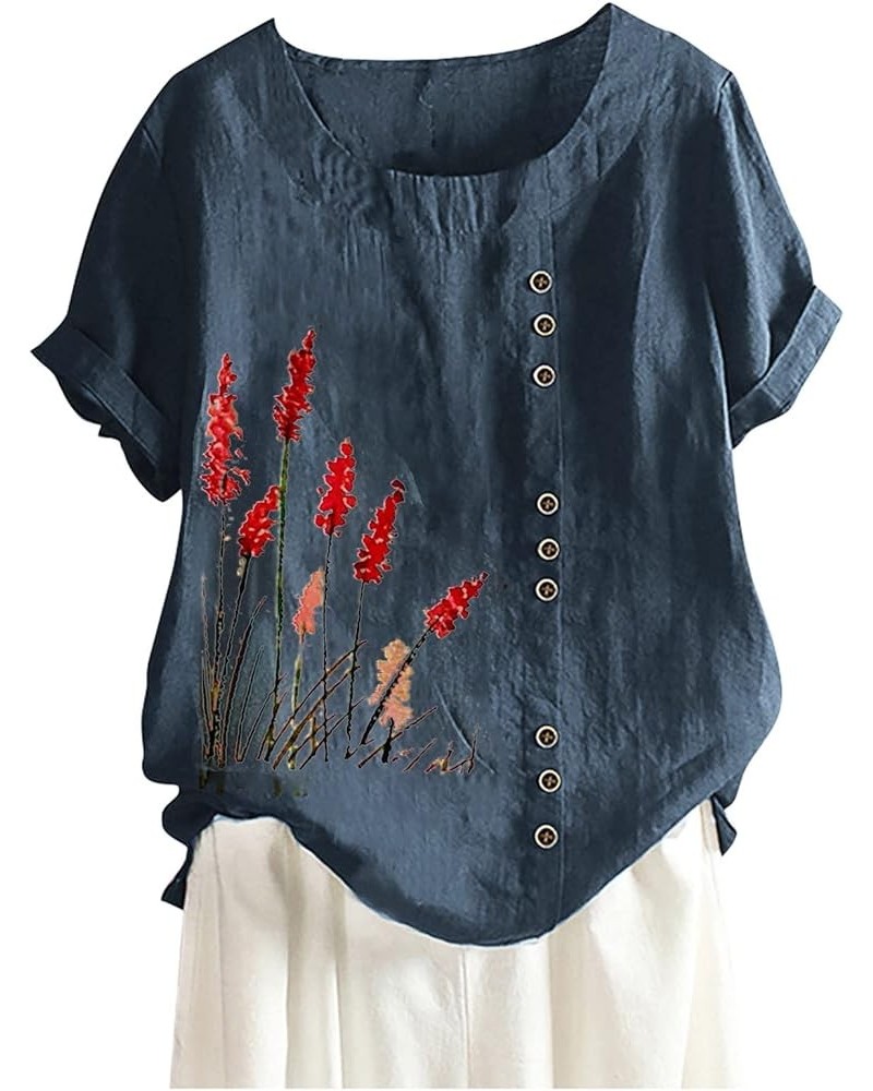 Women Floral Cotton Linen Shirt Boho Casual Loose T-Shirts Cute Tunic Tops 2023 Summer Spring Chic Ladies Blouses Navy 2 $6.3...